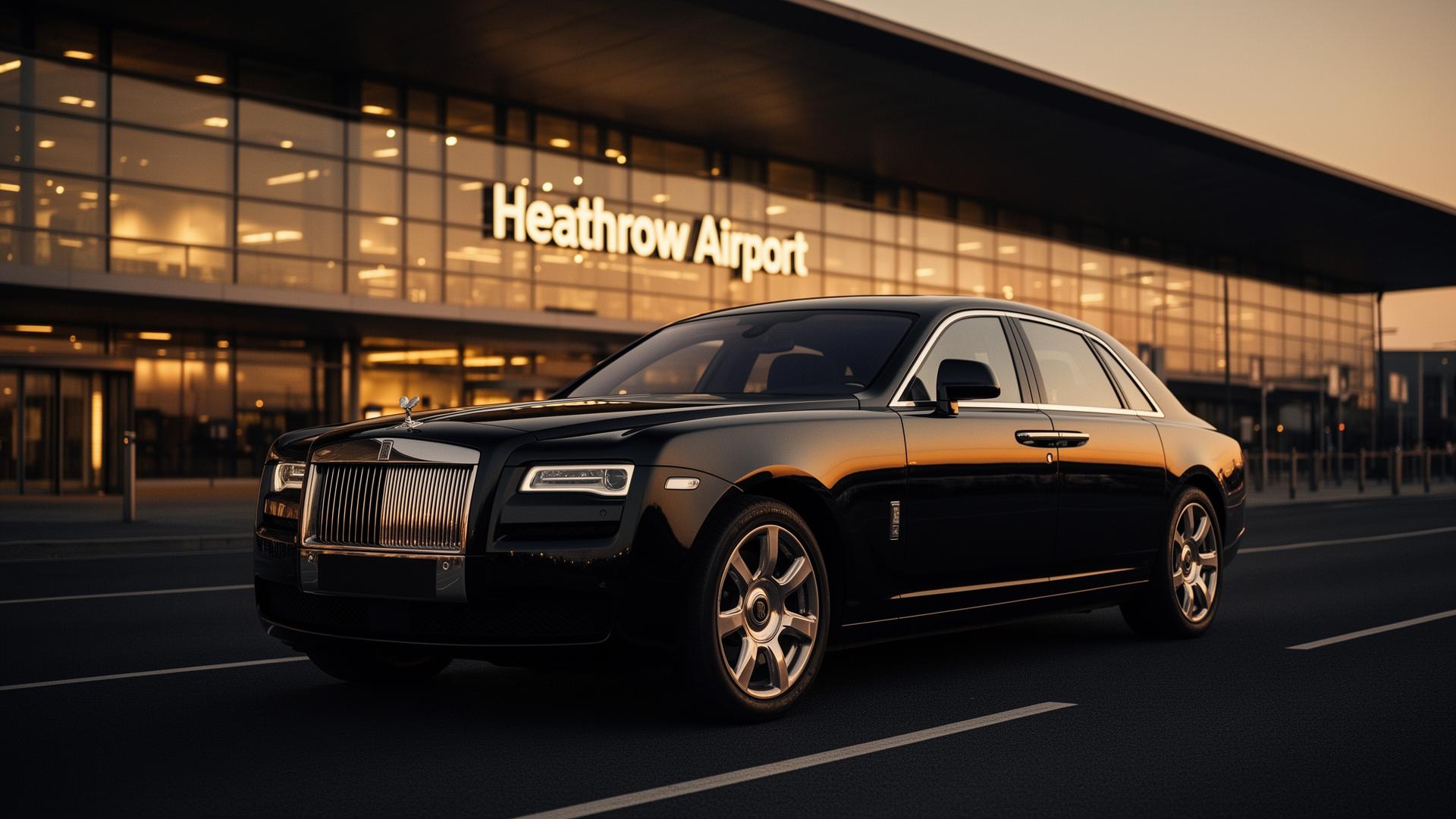 Black luxury vehicle at Heathrow Airport terminal at dusk